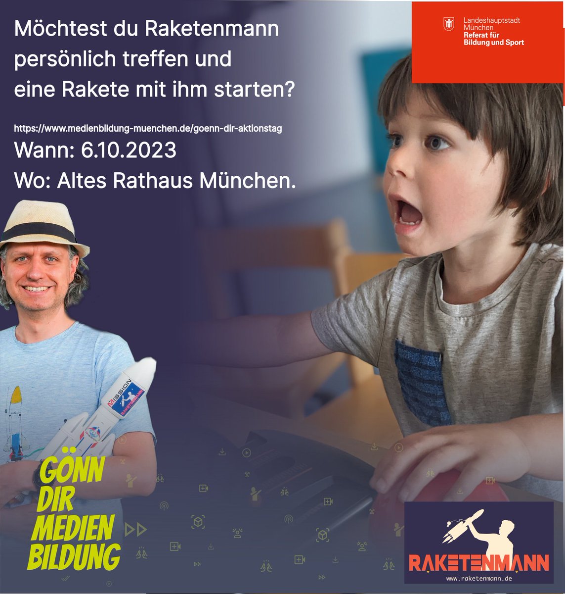 Möchtest du Raketenmann persönlich treffen und  eine Rakete mit ihm starten?
Wann: 6.10.2023
Wo: Altes Rathaus München
medienbildung-muenchen.de/goenn-dir-akti…
#goenndirmedienbildung #Medienpädagogik #Medienerziehung #medienkompetenz  #medienbuildung