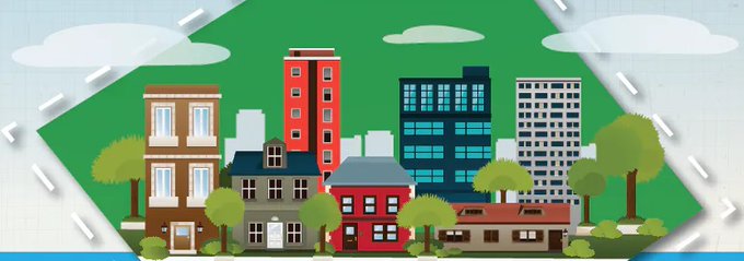 Illustration shows a city scape of buildings, trees and houses. 
