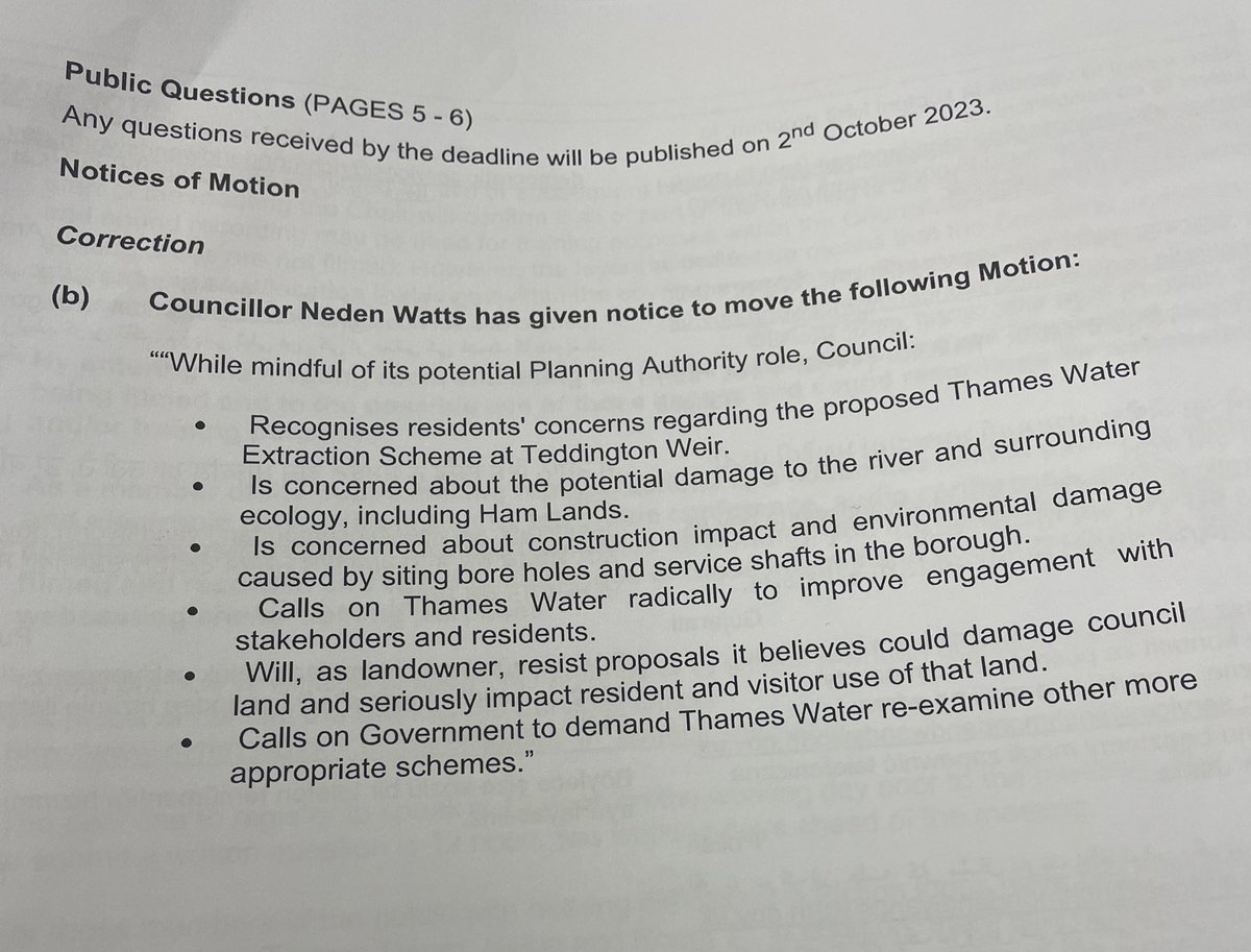 Just spoke in favour of motion, making clear @LBRUT Lib Dem leadership will use the borough’s land ownership rights to oppose the Thames Water abstraction scheme and its impacts on Moormead Park and Ham Lands.  Dreadful proposal, shoddy consultation & as I said, #overmydeadbody