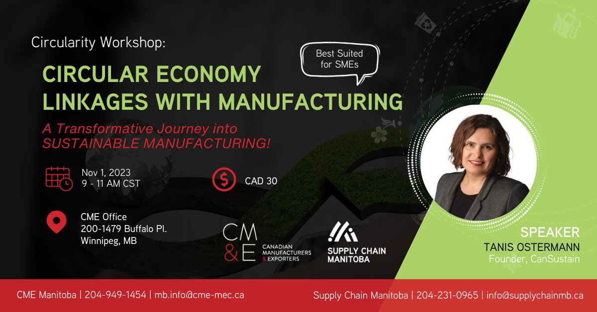 Calling all SME supply chain professionals! If you don’t know how the circular economy model can work for you, then don’t miss this workshop, organized by <a href="/CMEManitoba/">CME Manitoba</a> and <a href="/supplychainmb/">Supply Chain Manitoba</a>. Register now ▶️ cme-mec.ca/connection/cir…

#SupplyChain #Manufacturing #CircularEconomy