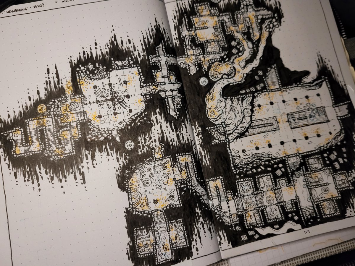 Amelyth's tweet image. Still chugging away, here is WK 39 + WK 40 of #dungeon23 • after finding your way past the gallows, collecting Bleeding Tooth Fungus  that grows in certain depths of the local area, its sticky red sap