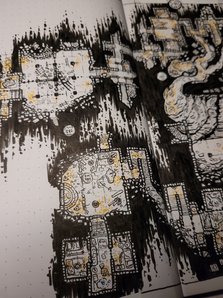 Amelyth's tweet image. Still chugging away, here is WK 39 + WK 40 of #dungeon23 • after finding your way past the gallows, collecting Bleeding Tooth Fungus  that grows in certain depths of the local area, its sticky red sap