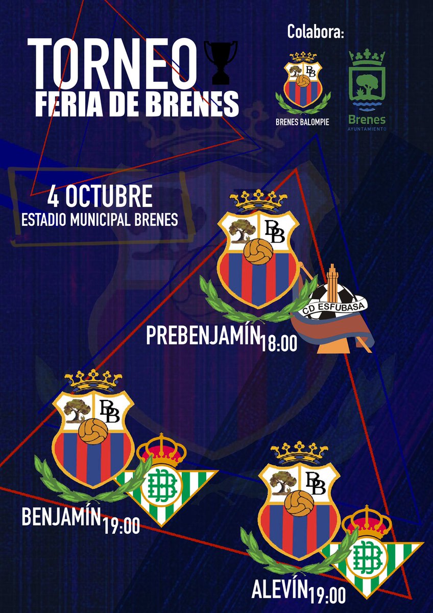 TORNEO FERIA DE BRENES. Miércoles 4 de Octubre a partir de las 18:00 h.
Prebenjamín, Benjamín y Alevín BRENES BALOMPIÉ. Colabora el @ayuntamientobrenes .
