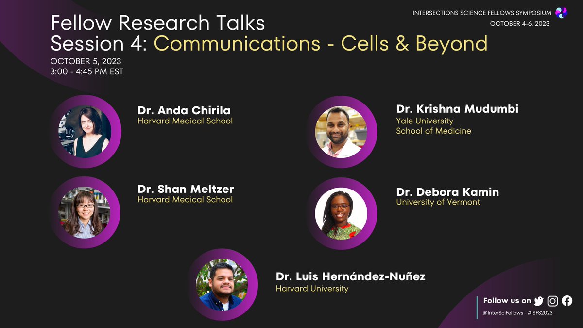 InterSciFellows's tweet image. The diverse scientific topics of #ISFS2023 continues with our last fellows research talks of the day! Up next is Session 4 on cell communications &amp;amp; beyond. Join us and support @anda_m_chirila @krishnamudumbi @shanmeltzer @deborascience @LuisHN20