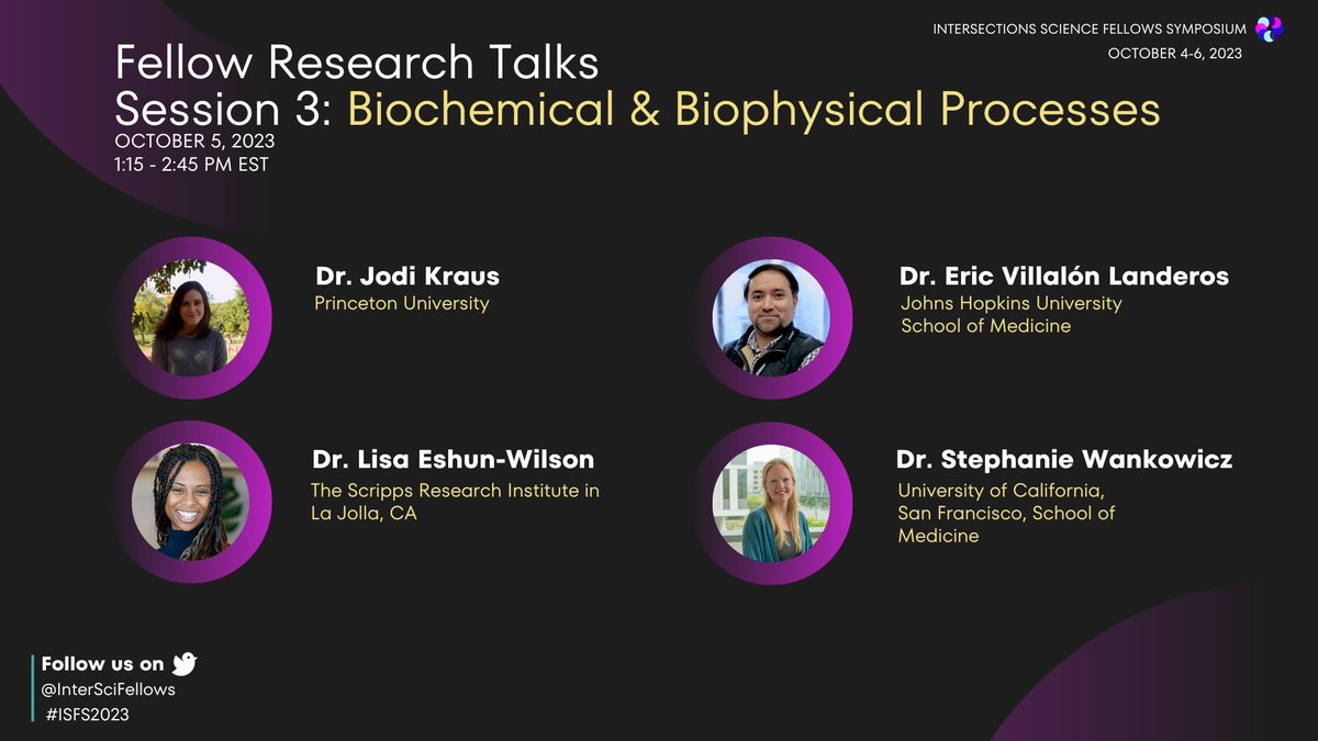 InterSciFellows's tweet image. We are thrilled to start our day 2 afternoon #ISFS2023 events with Fellows Science Session 3 on Biochemical and Biophysical Processes. Tune in for exciting science from @JodiKraus1 @Dr_EViL___ @lisaeshunwilson @stephanie_mul