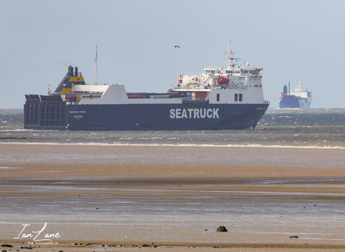 Seatruck Point (Warrenpoint) following Stena Scotia (Belfast) out of Heysham port for her Irish Sea crossing this morning 03/10/23

Photo: <a href="/IanLane23963336/">Ian Lane</a>