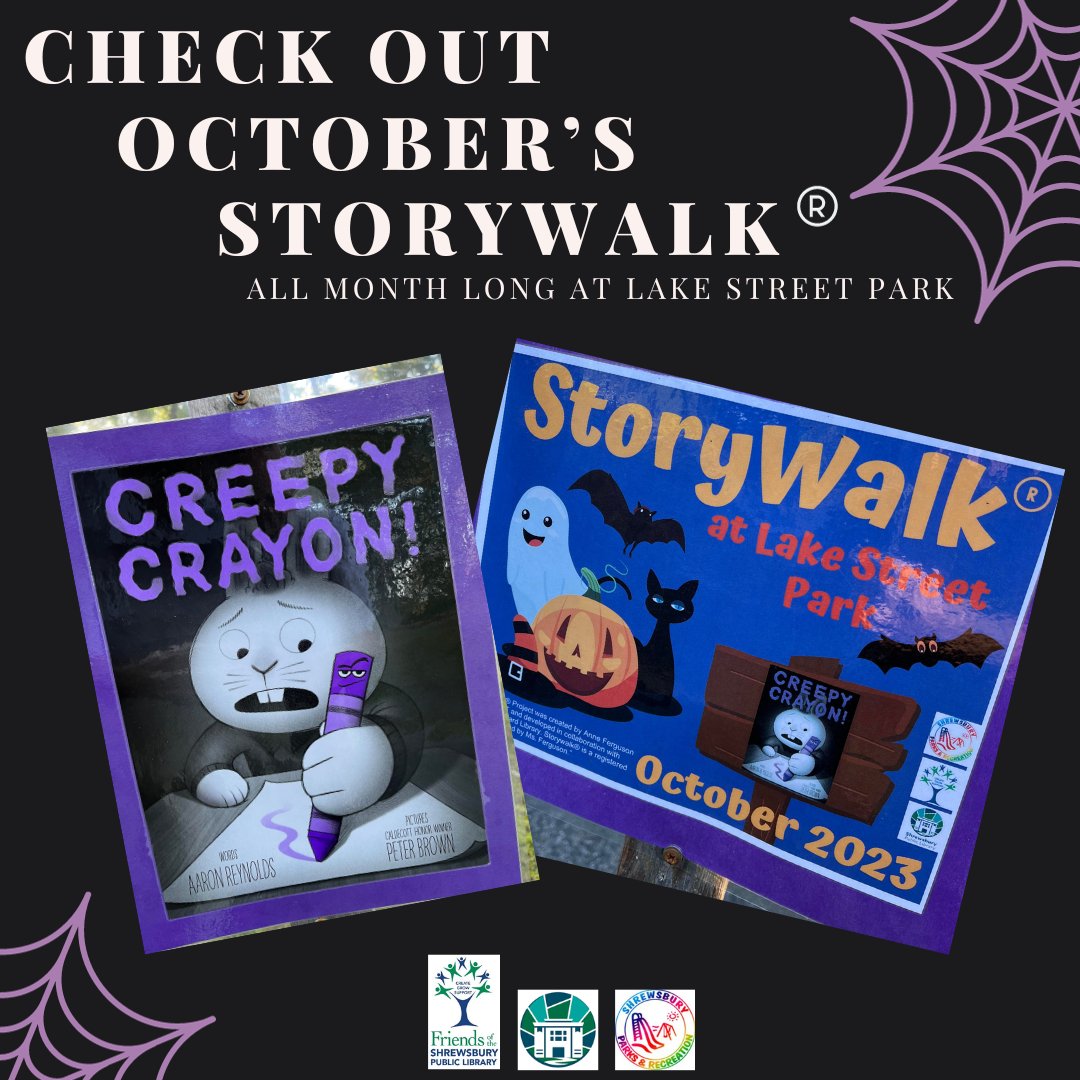 ShrewsburyParks's tweet photo. The October StoryWalk®️is Creepy Crayon by Aaron Reynolds and illustrated by Peter Brown . Check it out at Lake St. Park! @ShrewsburyLib https://t.co/NGd1KXTxiB