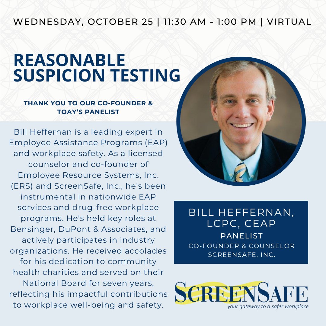 ScreenSafeInc's tweet photo. Join Bill Heffernan, a licensed clinical professional counselor and co-founder of ScreenSafe, at our October 25th webinar on #reasonablesuspiciontesting, where we aim to equip you with the knowledge to identify signs of #substancemisuse. Register now: https://t.co/KeCStaOmxM https://t.co/x7QakUGsqC
