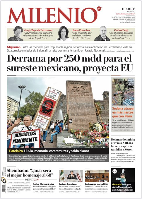 ♦️ Usaid ofrece 250 mdd para invertir en el sureste mexicano 🧐 @PedroFajardoo1 <a href="/NilsaHernndez/">Nilsa Hernández</a> 
♦️ Sedena ya captura más narcos que en tiempos de Peña Nieto <a href="/zavaleta_noe/">Noé Zavaleta</a> 
♦️ SRE pide extradición de Roemer
+ Artículo de <a href="/jorgezepedap/">jorge zepeda</a> 

Las de hoy en <a href="/Milenio/">Milenio</a> 
Buen martes 🤠🤟