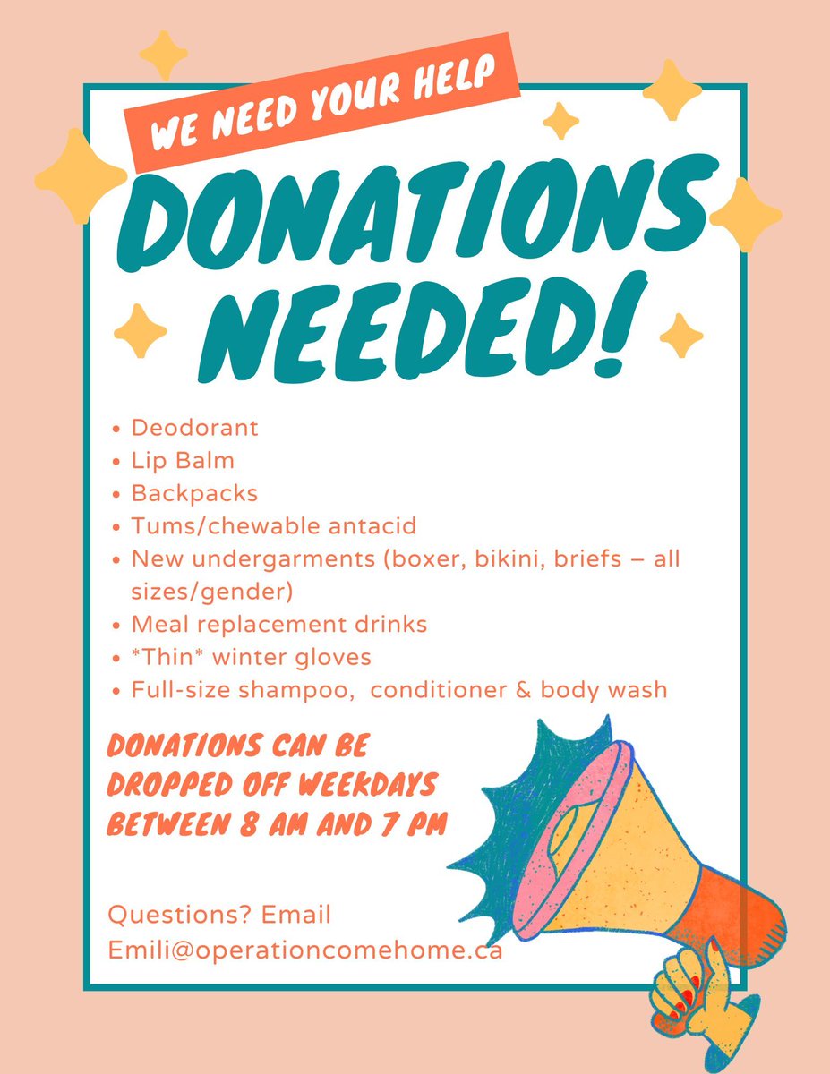 ochottawa's tweet photo. Our youth need your help! Whether getting into school, a new job, a new apartment, or just getting by for a day or a week at a time, we could really use the items listed here!

If you can help, please email Emili at emili@operationcomehome.ca and thank you! https://t.co/L2vRBqDIBf