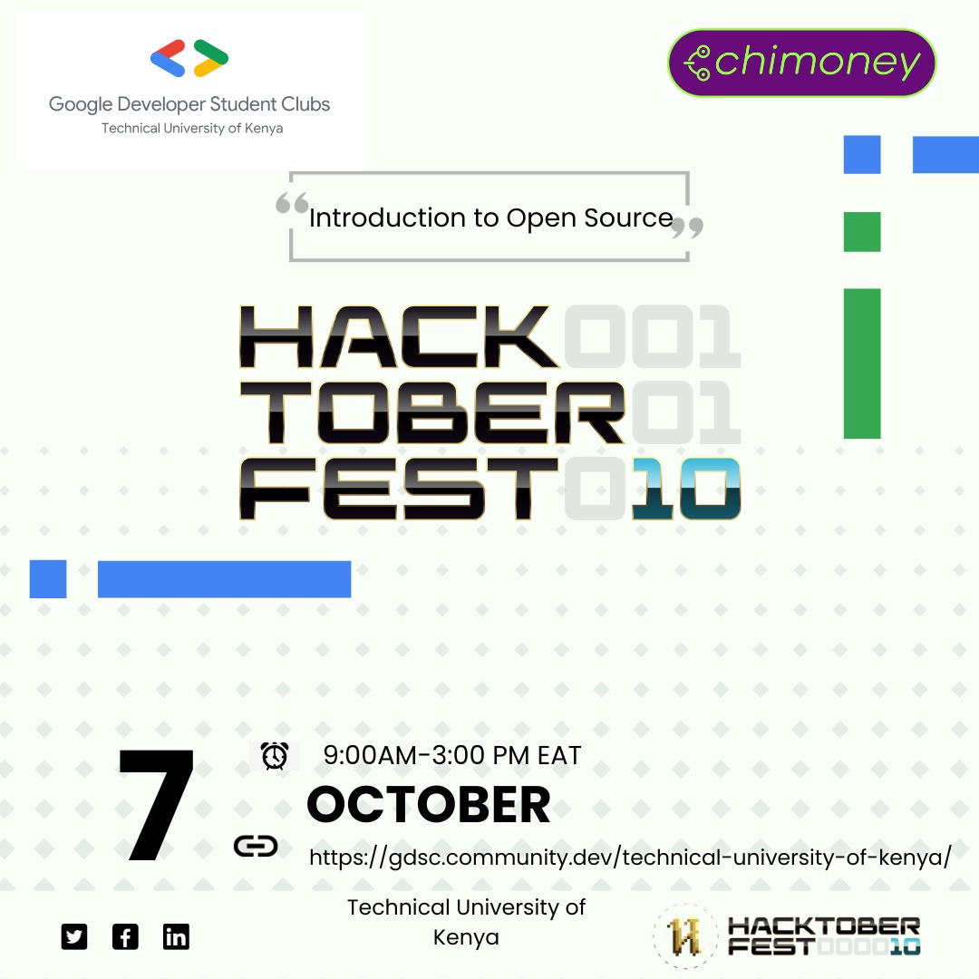 DscTuk's tweet photo. Ready for #Hacktoberfest? Join us for an exciting meetup! 🌟

📅 Date: 7th October 2023
🕒 Time: 9AM - 3PM
🏢 Venue: T.U.K
🌐 RSVP: https://t.co/v8avtGsITG

🚀 Discover the world of open source, and make your first contributions. 💻 #OpenSource101 #hacktoberfest2023 https://t.co/ffeSjyQEUR