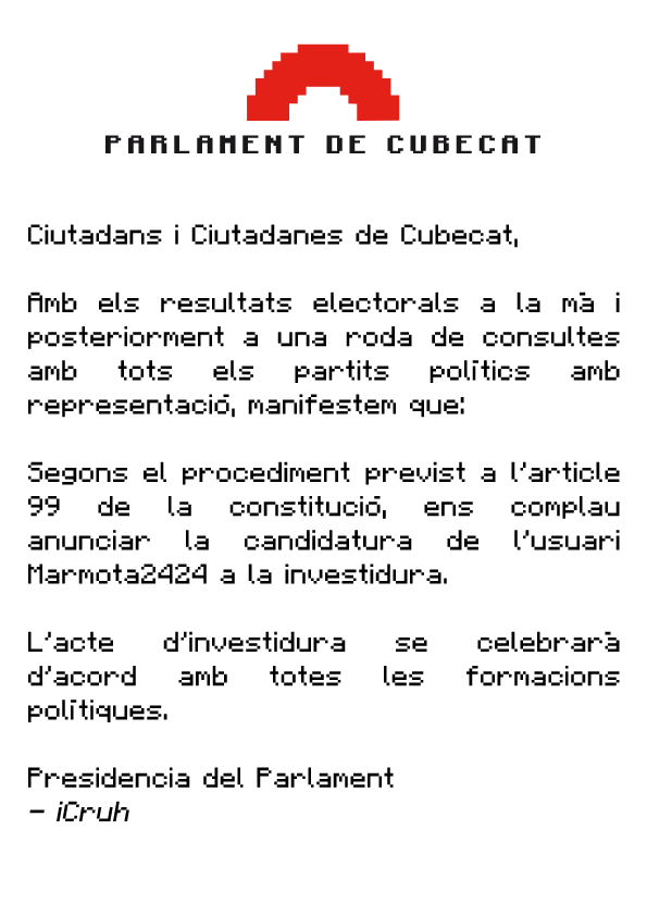 gencat_cubecat's tweet photo. Comunicat del Parlament de Cubecat sobre l'acte d'invesidura i el candidat. https://t.co/AS8QPeeVpV