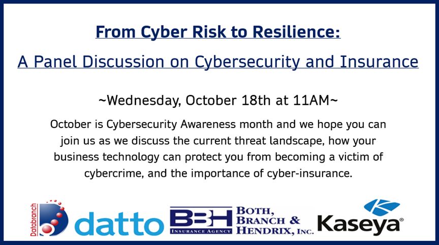 Databranch's tweet image. Databranch is partnering with Both Branch &amp;amp; Hendrix Inc. along with Datto to present a webinar on Wednesday, October 18th at 11AM, titled &quot;From Cyber Risks to Resilience: A Panel Discussion on Cybersecurity and Insurance.&quot; 

Register here: buff.ly/46AsZAk