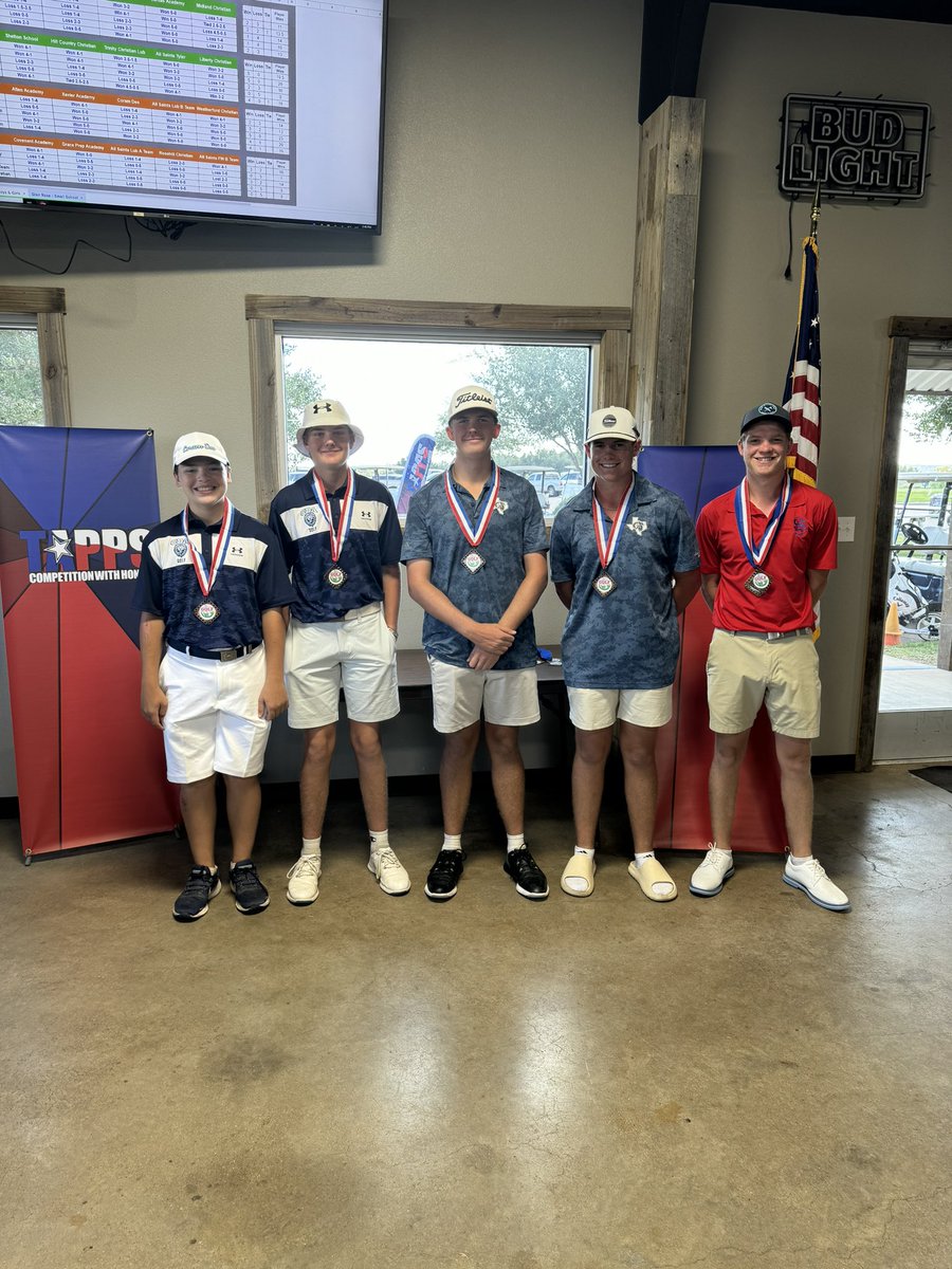 AllenRamsGolf's tweet photo. Thank you @TAPPS_Golf for hosting Match Play 2023.  Your @AllenAcademyTX Rams are Pool Champions!  @JacksonFunkhou1 and @Etha_Lucas3 named to All-Tourney team.
@Allen_Athletics 
#RamTough https://t.co/TKw5XQJvq1