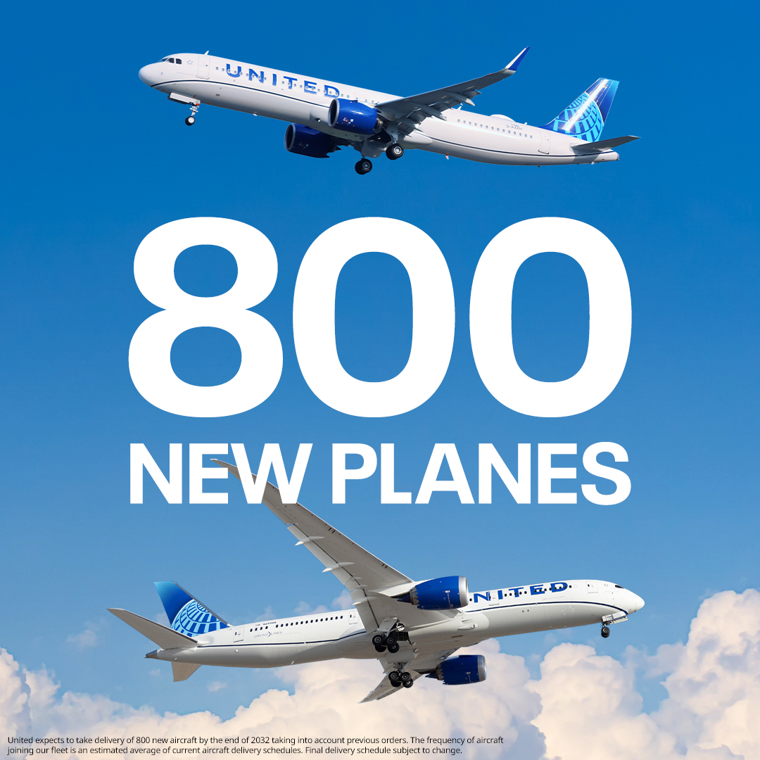 united's tweet photo. 8️⃣0️⃣0️⃣ NEW. PLANES. ARE. COMING.

We just placed firm orders for an additional 50 @BoeingAirplanes 787 Dreamliners and 60 @Airbus A321neos. Combined with previous orders, 800 new planes are scheduled to join our fleet by 2032. Don't forget, new planes are already joining us weekly!