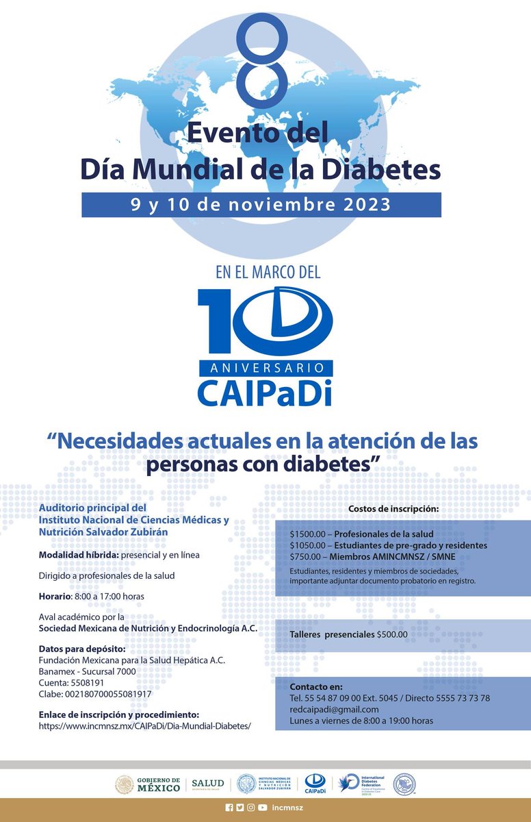 incmnszmx's tweet photo. 8o. Evento Conmemorativo del Día Mundial de la Diabetes #CAIPaDi #INCMNSZ
9 y 10 de nov
Modalidad presencial y virtual
Consulta el programa y registrarte: https://t.co/Ahts6XEae5
Más información:
54 87 09 00 Ext. 5045 / 55737378
redcaipadi@gmail.com
L a V de 8:00 a 19:00 h https://t.co/yKNbLmtndb