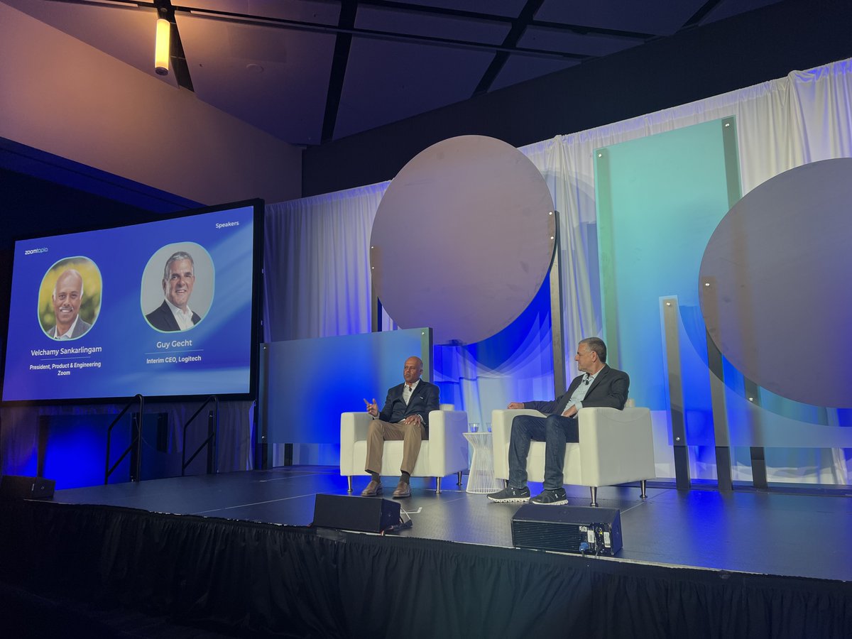 LogitechBiz's tweet image. #Zoomtopia is in full swing with a spectacular Logitech booth and a fireside chat with our interim CEO and @Zoom President of Product and Engineering @velchamy! #NewLogicOfWork #Zoomtopia2023