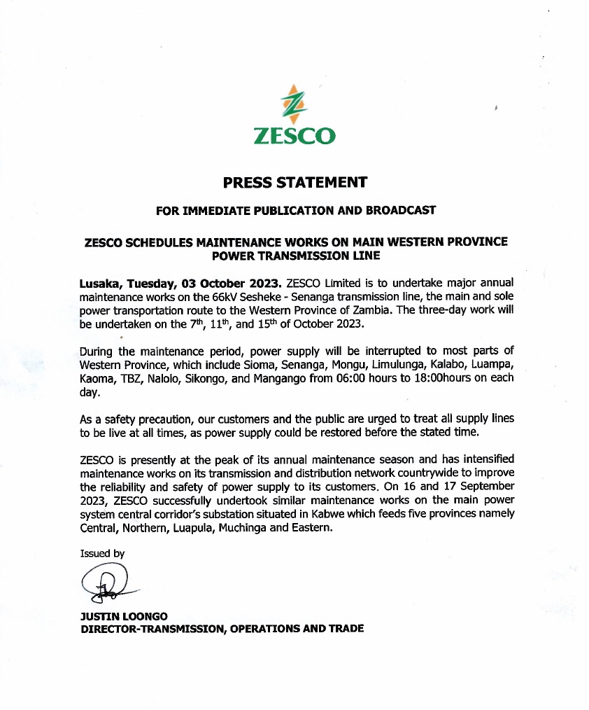 ZescoL's tweet photo. ZESCO SCHEDULES MAINTENANCE WORKS ON MAIN WESTERN PROVINCE POWER TRANSMISSION LINE https://t.co/dQfJlGnG00