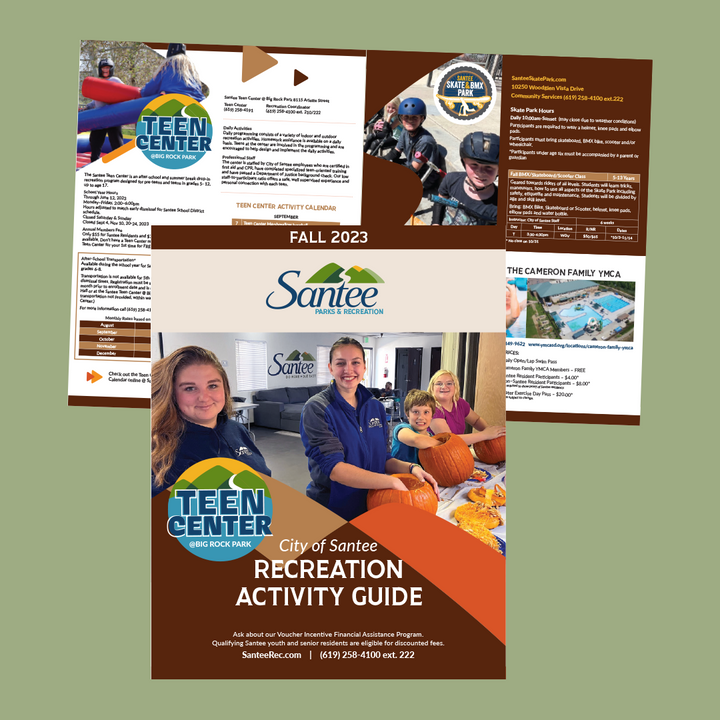 PDDG's tweet photo. As we kick off year 7 of working with our friends at the @cityofsantee, we’re excited to unveil the refreshed and redesigned look and feel for the City’s Parks &amp; Rec publications. Starting with the Fall 2023 seasonal guide and brochure.
#graphicdesign #santee #parksandrecreation https://t.co/axnkrlTLd2