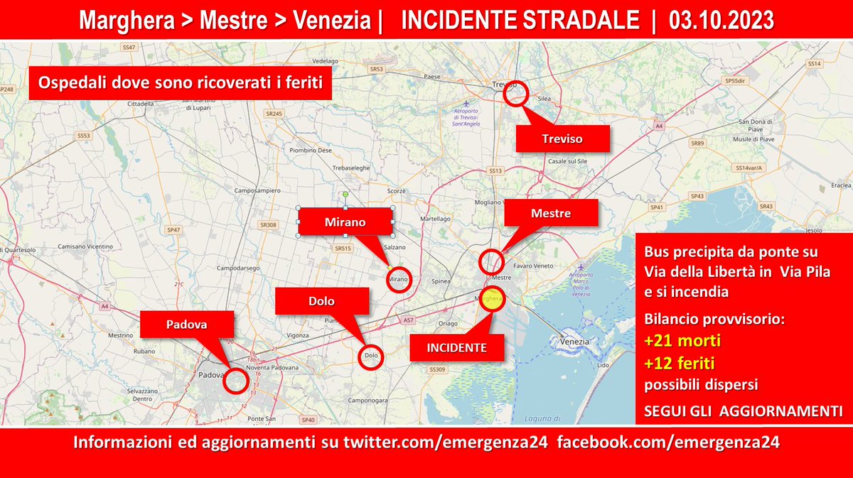 Emergenza24's tweet photo. UPDATE [03.10-22:00] #Marghera #Mestre #Venezia #incidente stradale (19:50) #bus precipita da cavalcavia di Via della Libertà sulla sottostante Via Pila vicino al ponte #Venpa e si incendia - Interrotto traffico ferroviario. 
Si temono +21 morti +12 #feriti alcuni con importanti ustioni ci sono dispersi.
Nella mappa gli ospedali dove sono ricoverati i feriti (coinvolti nella maxi emergenza)
Informazioni e aggiornamenti: https://t.co/C930FIpYyB