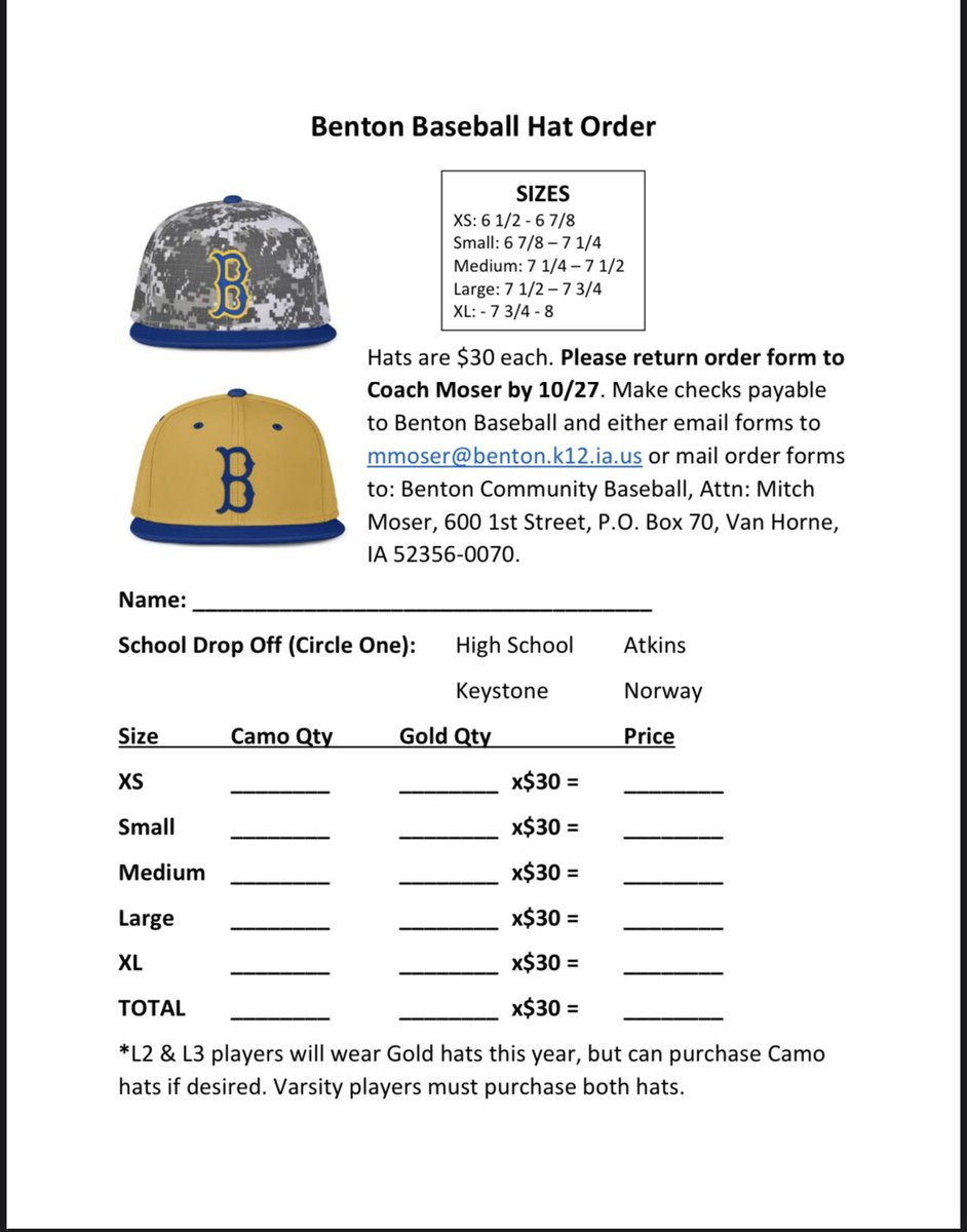 BCBaseballers's tweet photo. Its never too early for new hats! Baseball hat orders are due 10/27 and will look good on anyone. Get your orders in before it’s too late! #RollCats https://t.co/5arfycXGTb