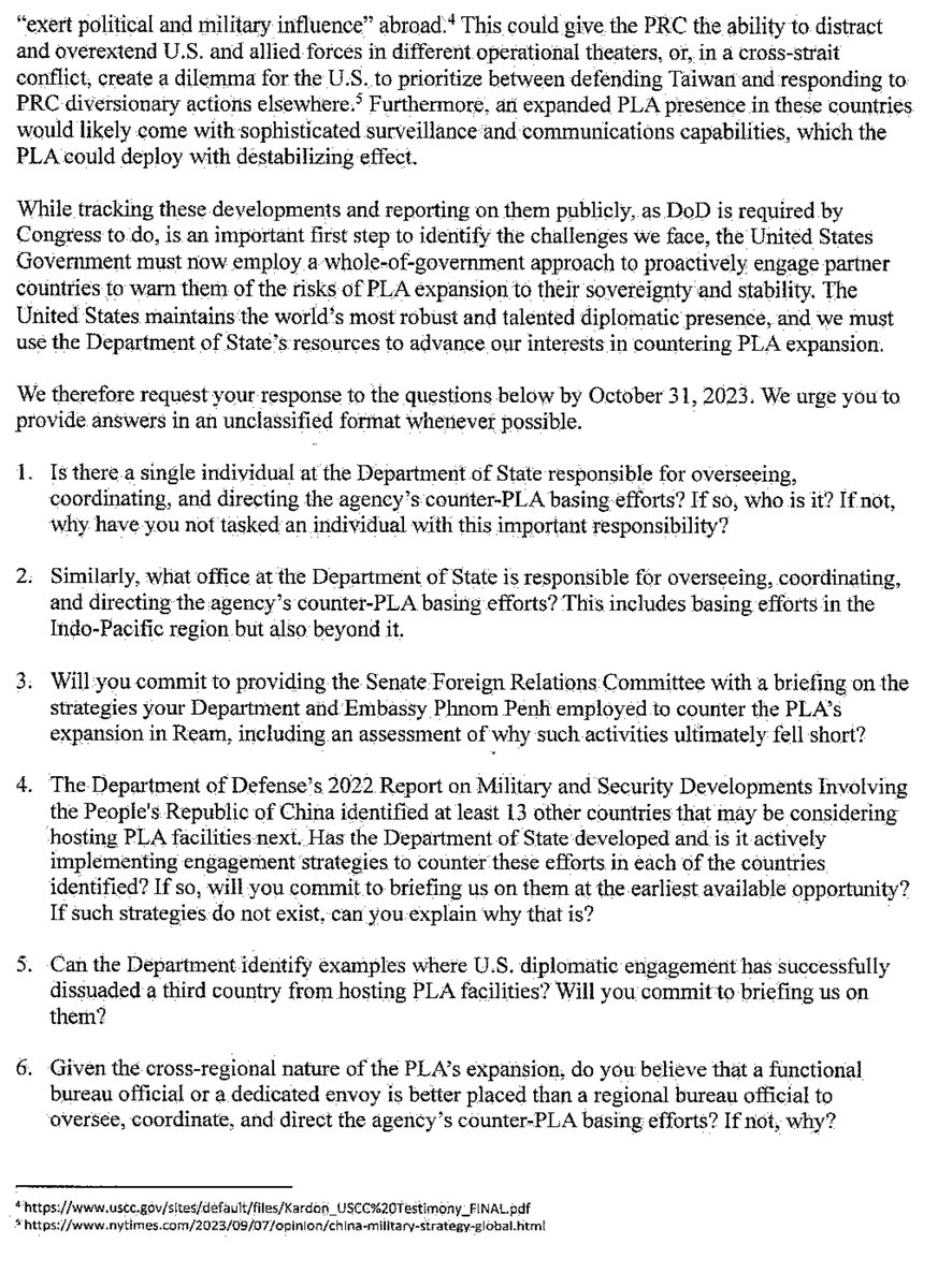 SenToddYoung's tweet photo. I joined with @SenatorRicketts, @SenMarcoRubio, and @SenatorHagerty in urging the State Department to step up efforts to combat the Chinese Communist Party’s growing military footprint around the world. https://t.co/KHWVf27Yzr