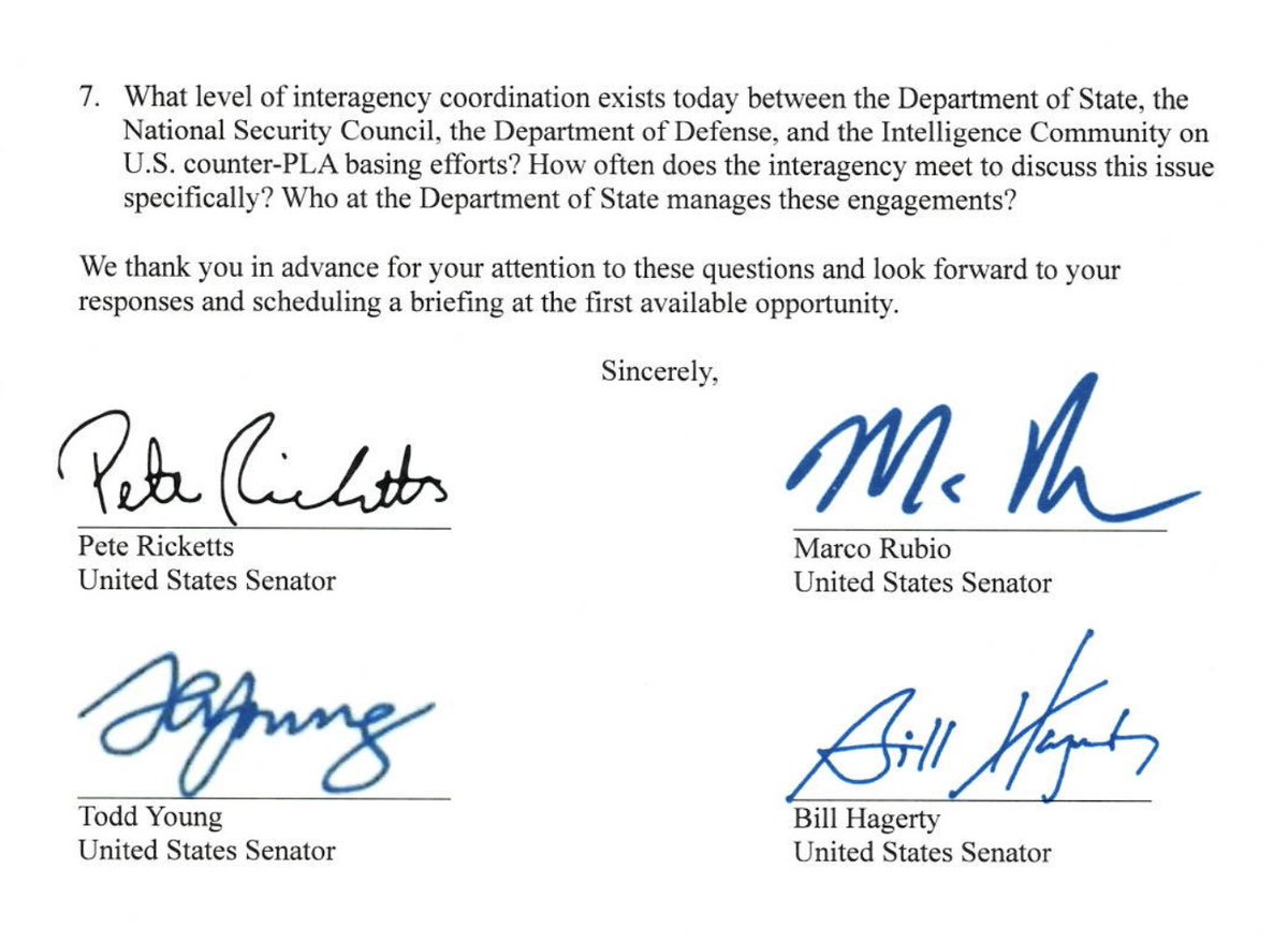 SenToddYoung's tweet photo. I joined with @SenatorRicketts, @SenMarcoRubio, and @SenatorHagerty in urging the State Department to step up efforts to combat the Chinese Communist Party’s growing military footprint around the world. https://t.co/KHWVf27Yzr