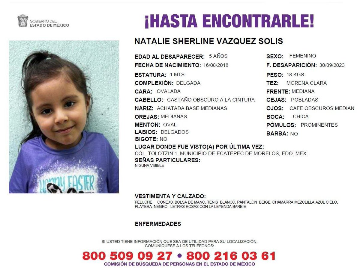 SS_Edomex's tweet photo. Pedimos tu colaboración para encontrar a la siguiente persona. Si tienes alguna información, comunícate al número ☎️ 800 509 09 26 o contacta a la @COBUPEM. 
Con tu ayuda, Natalie Sherline Vázquez Solís puede regresar a casa. 🏡 https://t.co/nbR67ATueO