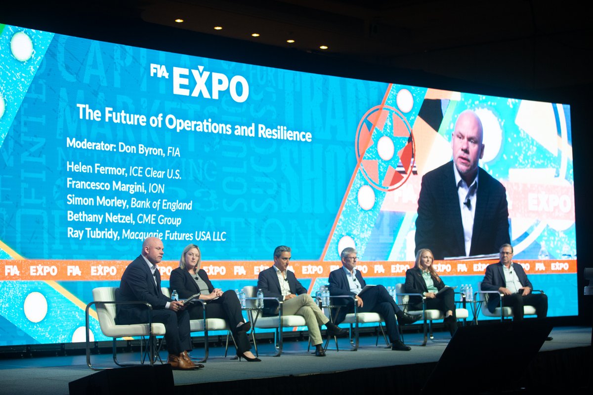 FIAconnect's tweet photo. At an #FIAExpo panel on the future of operations &amp; resilience, speakers from @ICE_Markets, @ION_Markets, @bankofengland, @CMEGroup and @Macquarie discussed improvements needed to help eliminate operational risk and improve efficiency. #BeCyberSmart #CybersecurityAwarenessMonth https://t.co/ObwIWMsOQ1