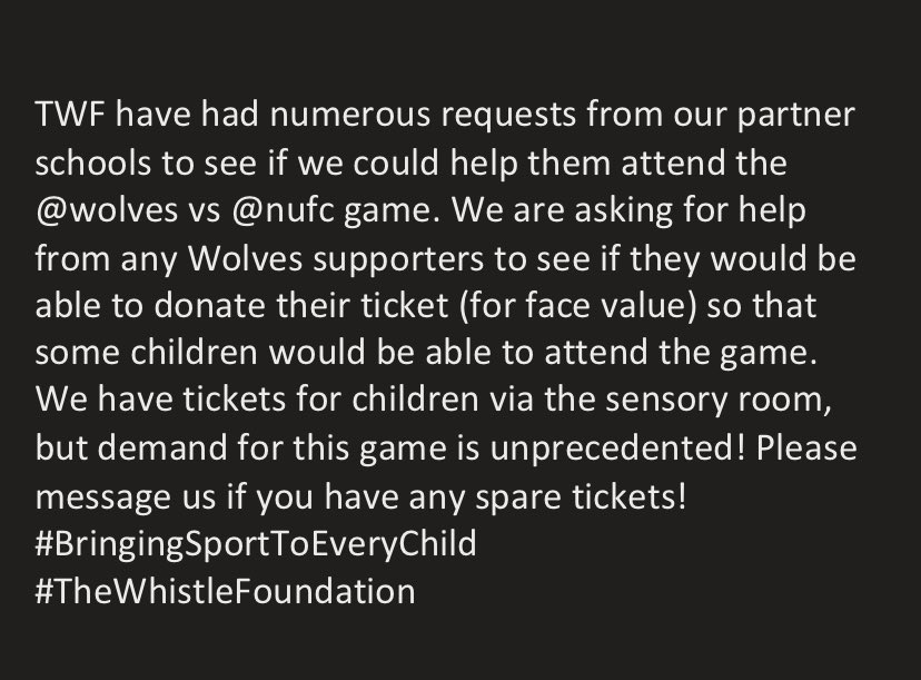 Can you help send a child to watch <a href="/Wolves/">Wolves</a> vs <a href="/NUFC/">Newcastle United</a>? Any retweets are appreciated! <a href="/tettenhall_wood/">Tettenhall Wood School</a> <a href="/TWSSportsPod/">TWS Sports Podcast</a> <a href="/AmethystAcademy/">AmethystAcademy</a>