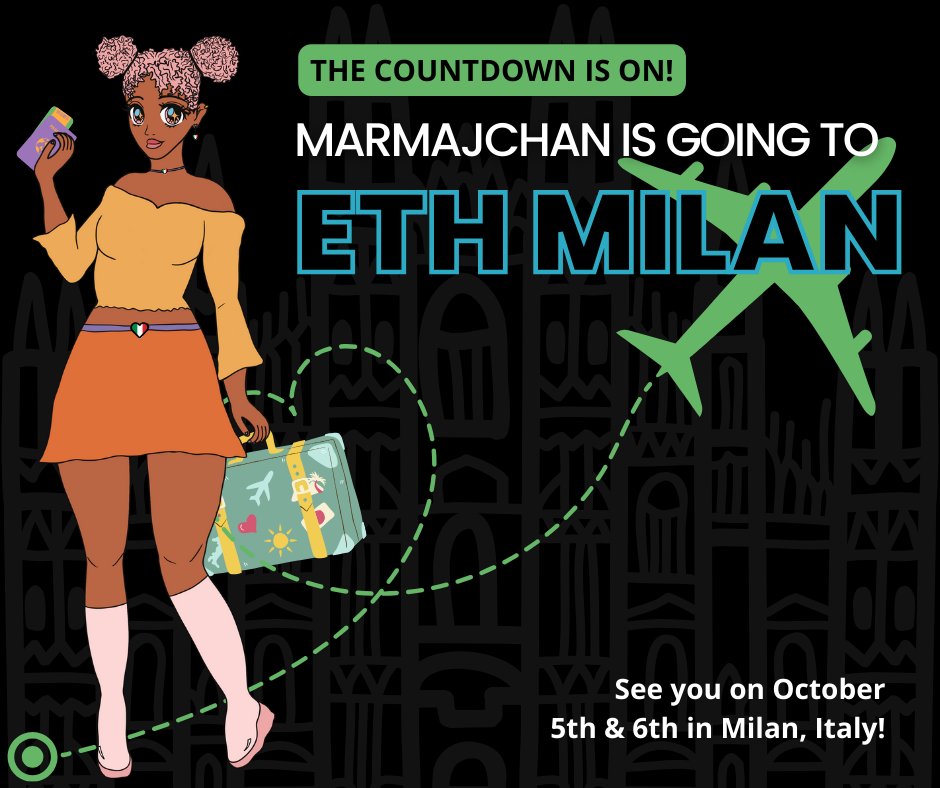 ✈️ MarmaJchan is going to <a href="/eth_milano/">ETHMilan 🇮🇹 May 21-22</a> ✈️ 

From October 5th-6th, be sure to stop by the <a href="/CreativesDao/">CreativesDAO</a> exhibit to learn more about #MarmaJchan, <a href="/marmajgaming/">Marma J Gaming</a>, and the Marma J Foundation. 

We can't wait to meet you, ciao!