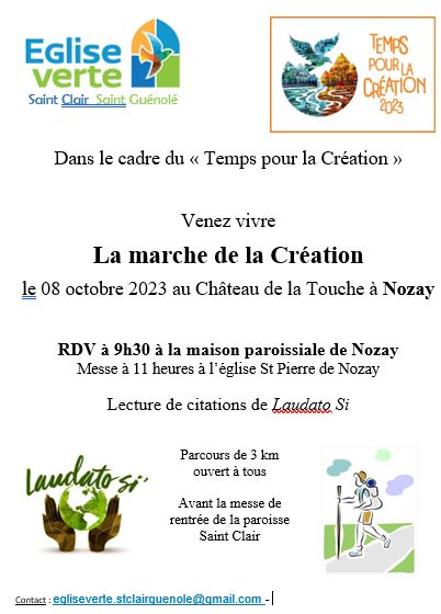 Dimanche 8 octobre, avant la messe de rentrée à Nozay (44), l'équipe Eglise Verte propose une Marche pour la Création :
3 km accessible à tous - domaine de château de la Touche (merci au propriétaire), avec lecture de citation de Laudato Si'.

#tempspourlacréation
<a href="/egliseverte/">Egliseverte</a>