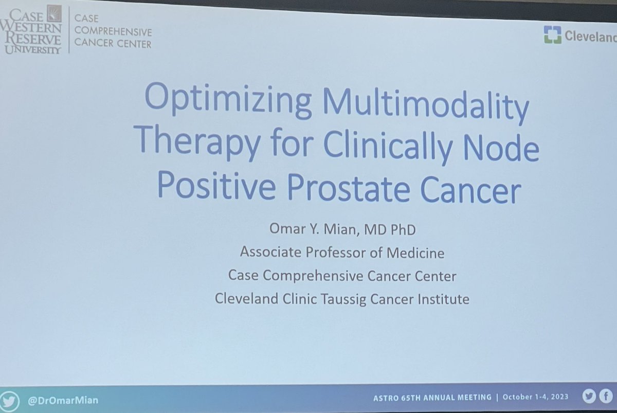 🔬 Dr. Omar Y. Mian's talk on optimizing therapy for Clinically Node Positive Prostate Cancer is underway! Key takeaways so far: - 13% of new PCa cases are N+ - PSMA PET staging may increase cN1 patients - Early ADT benefits N+ PCa #ASTRO2023