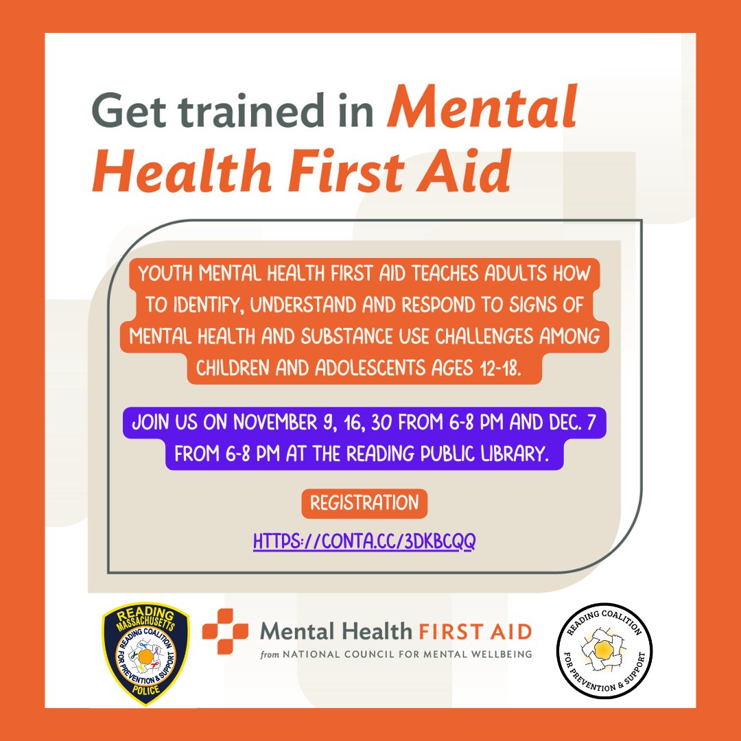 Get trained in Youth Mental Health First Aid! The course teaches adults how to identify, understand &amp; respond to signs of mental health &amp; substance use challenges among children and teens, Nov. 9, 16, 30 &amp; Dec. 7 from 6-8 pm at RPL conta.cc/3DKbCQQ