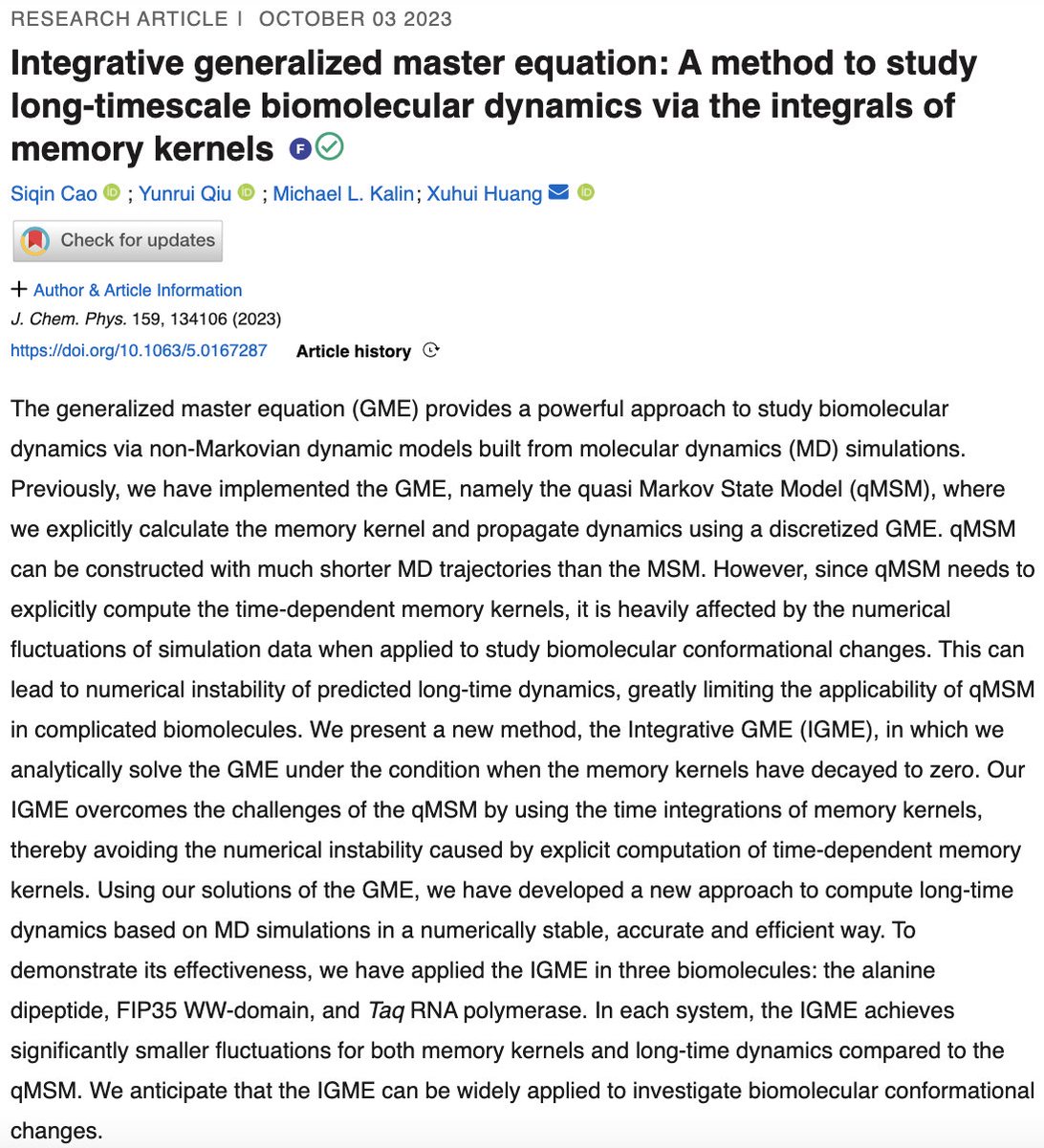 Xuhui Huang (@xuhuihuangchem) on Twitter photo Our IGME paper is out today! It efficiently models biomolecular dynamics by employing time integrations of memory kernels and avoiding numerical instability in time-dependent memory kernels. Thanks to <a href="/JChemPhys/">The Journal of Chemical Physics</a> for highlighting it as a Featured Article! pubs.aip.org/aip/jcp/articl… Our IGME paper is out today! It efficiently models biomolecular dynamics by employing time integrations of memory kernels and avoiding numerical instability in time-dependent memory kernels. Thanks to <a href="/JChemPhys/">The Journal of Chemical Physics</a> for highlighting it as a Featured Article! pubs.aip.org/aip/jcp/articl…