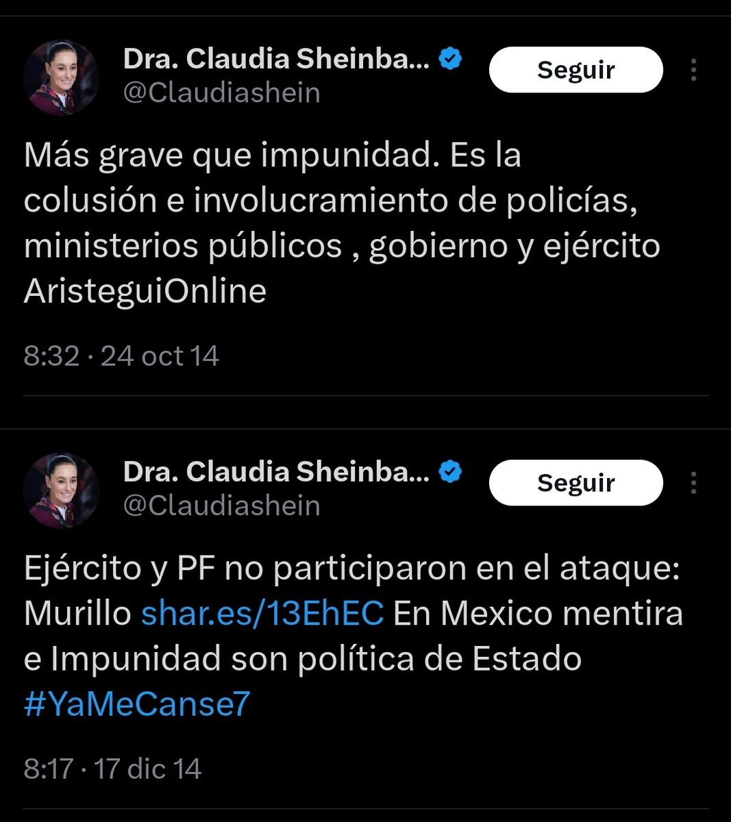 Siempre hay un tweet o una 'X'..

Miren.. 

Se le 'cayeron' estos tweets del 2014 a Claudia Sheinbaum

Ella TAMBIÉN culpó al Ejército de lo sucedido en Ayotzinapa.

#AyotzinapaNoSeOlvida
#2deOctubre

👇