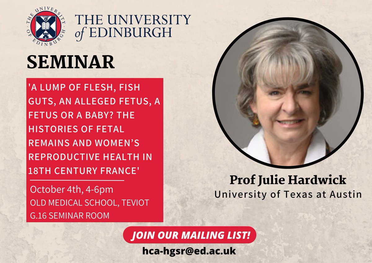 📢Join us TOMORROW for our first event of the semester! Don't miss what promises to be a great talk by <a href="/DrJulieHardwick/">Julie Hardwick/juliehardwick@bsky.social</a> on fetal remains and women's reproductive health in 18th century France. All are welcome to join! #uniofedhgs <a href="/HCAatEdinburgh/">HCAatEdinburgh</a>