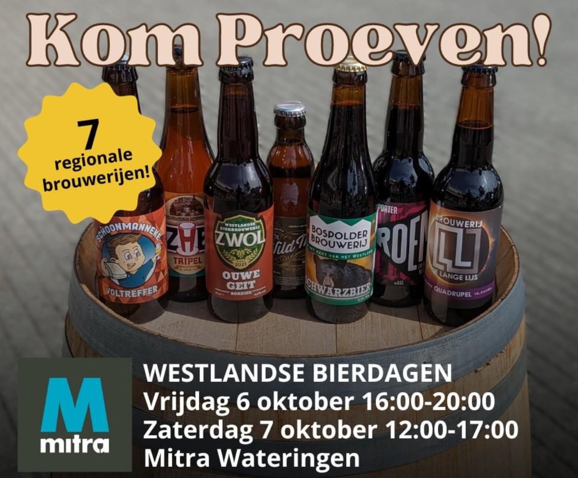 Op 6 &amp; 7 oktober zijn we op de Westlandse Bierdagen bij Mitra Wateringen - De Roode Prins. Kom ons nieuwe bokbier en meer proeven! 🍻 Pas op, de geit is los en heeft.  #EchtWestlandsBier