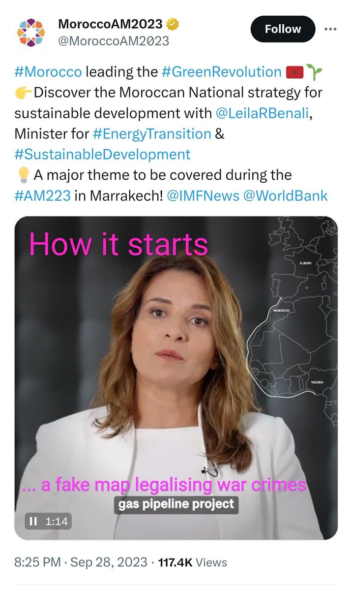 SADR270276's tweet photo. Welcome to #VisitMorocco #RoadToMarrakesh !

First, we'll humiliate you, then we will blackmail you!

#MoroccoAM2023 #WBmeetings #AM2023

#FMIlibre #BancoMundialLibre 
#ConfidenceBuilding https://t.co/NyrRBRUvkY