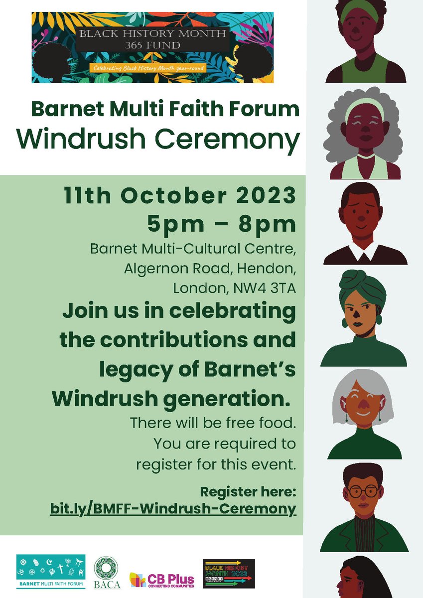 Join us on the 11th of October at 5 pm as we come together to celebrate the contributions of Barnet's #Windrush Generation. Free Food and good company. Registration is essential ow.ly/kC0x50PSFUf @CBPlus_ @BarnetCouncil