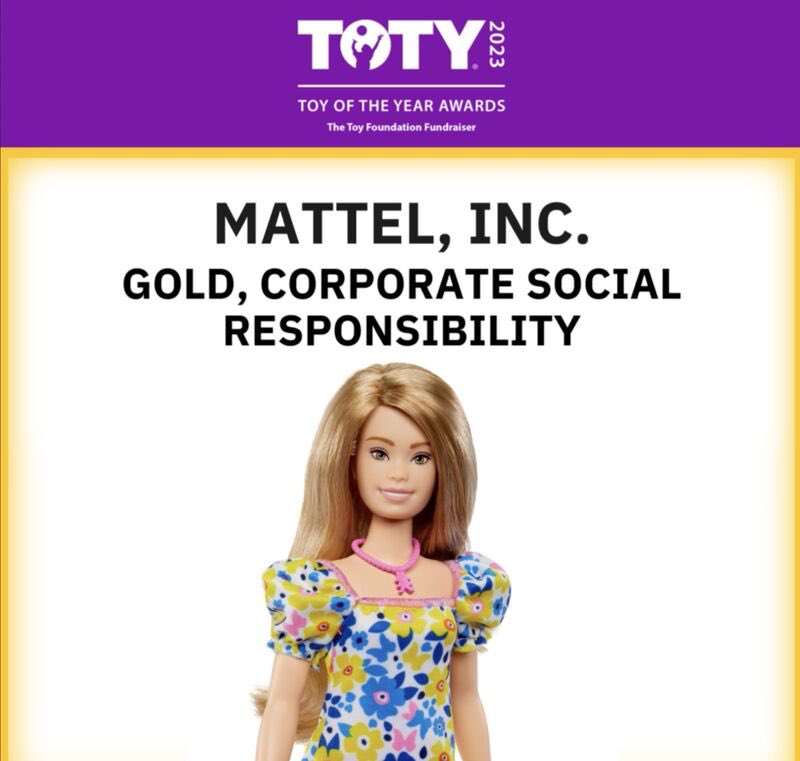 NDSS's tweet photo. We are thrilled to share that the Barbie with Down syndrome won GOLD for Toy of the Year in Corporate Social Responsibility! 🏆 This doll means so much to our community, and we’re so thankful for the partnership of the @Barbie team at @Mattel for helping this doll come to life! https://t.co/guvjBFW8fx