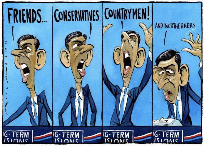 Morten Morland on #HS2 #RishiSunak #Tories #ConservativePartyConference #Conservatives #ToryPartyConference - political cartoon gallery in London original-political-cartoon.com