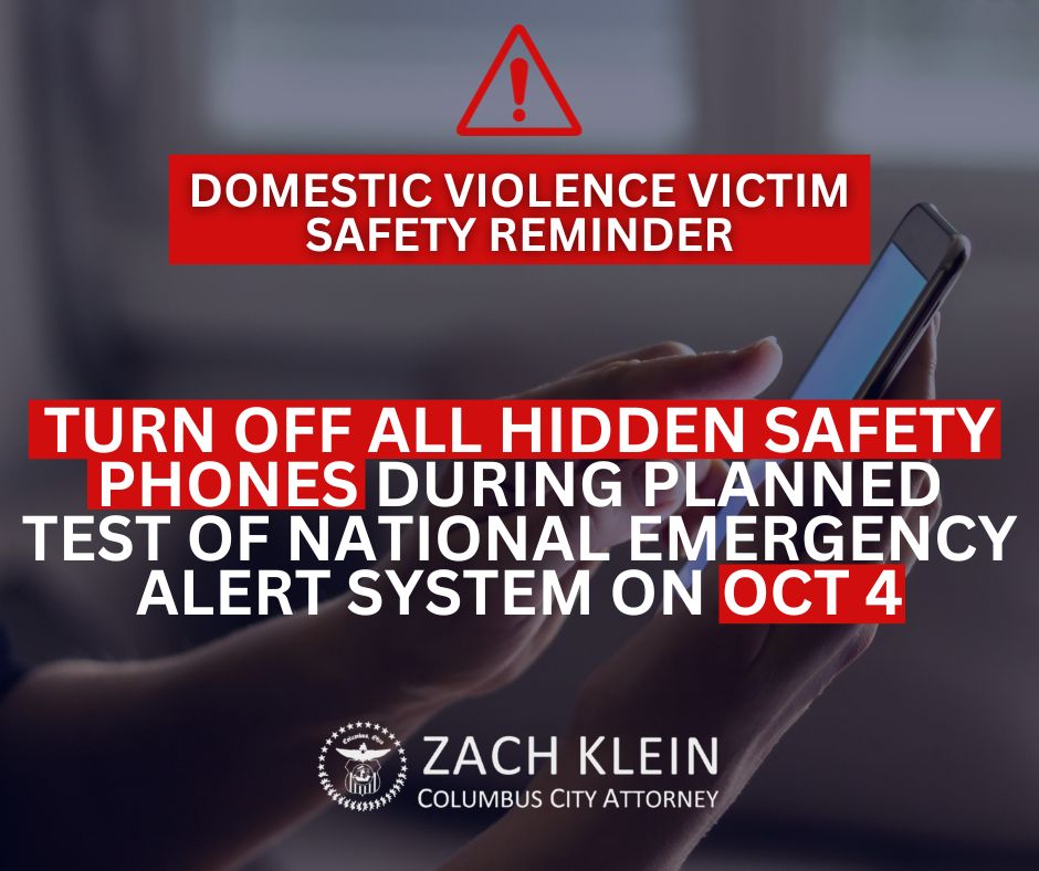 CityAttyKlein's tweet photo. On Wed, Oct 4, federal safety officials plan to test the U.S. Emergency Alert System. I'm echoing calls from advocates urging domestic violence survivors with hidden safety phones to power down their devices during this test to avoid inadvertently revealing the device to abusers. https://t.co/GBrQERi5oi