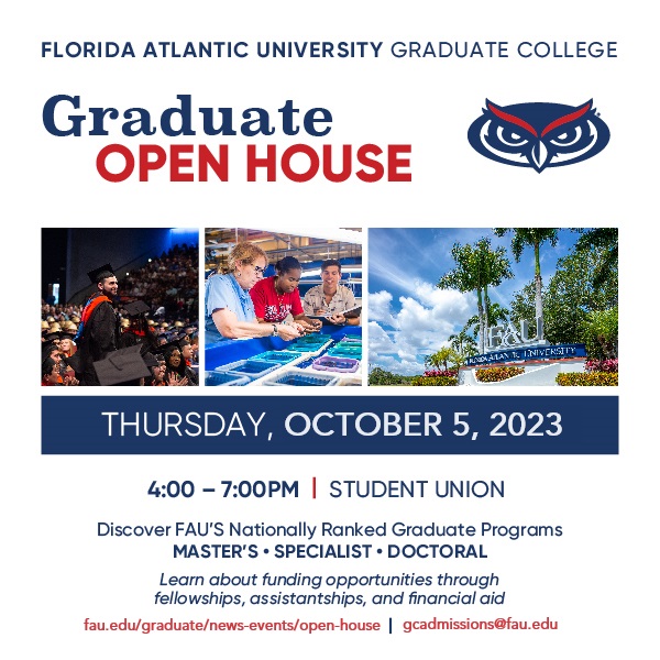 Florida Atlantic Graduate College is hosting its annual open house this Thursday, October 5, 2023 from 4-7 p.m. EST on the Boca Raton Campus, Student Union. To learn more and to register, visit: fau.edu/graduate/news-… #floridaatlantic #fau #gradschool #graduate