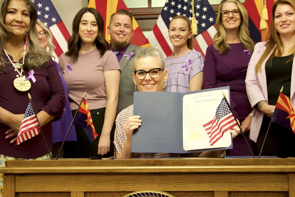 GovernorHobbs's tweet photo. As Governor, I will continue to look for ways to protect and support victims of domestic violence and their families, just as I have done throughout my career. Today, I could not be more proud to sign a proclamation officially declaring October Domestic Violence Awareness Month. https://t.co/Pk7wg6vADs