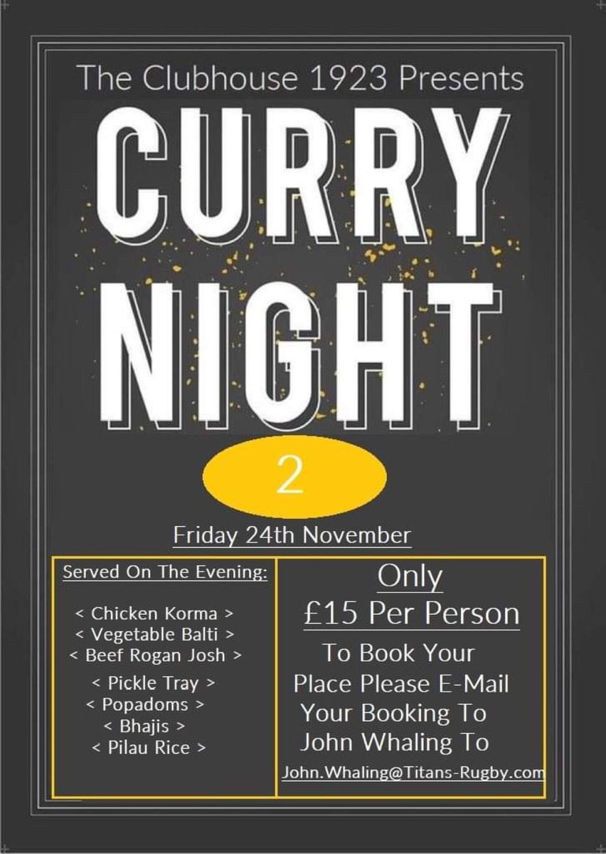 RotherhamRugby's tweet photo. We will be hosting a curry night on 24th November. As well as some nice Indian dishes we will have a selection of cask ales from @ChantryBrewery to compliment the food. Contact john.whaling@titans-rugby.com to book your places. https://t.co/qSz3CCmvWx