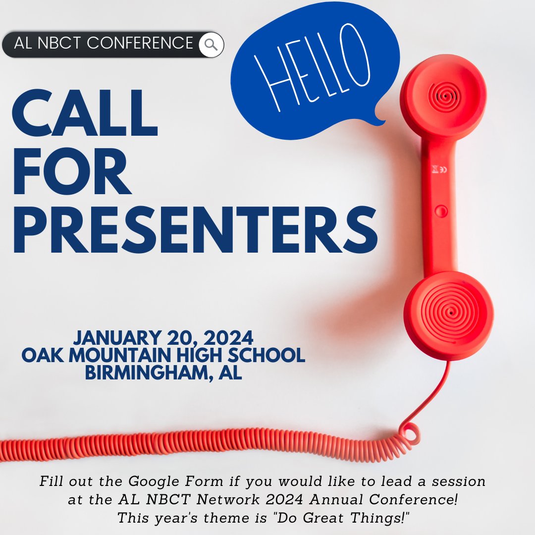 alnbctnetwork's tweet image. Are you interested in leading a session at the Alabama NBCT Network's annual conference? We're looking for presenters to share tips for #NB2B candidates &amp;amp; sessions about effective &amp;amp; innovative classroom strategies. Fill out the Google Form here: forms.gle/Lt3Tm3r9sRB61G… #alnbct