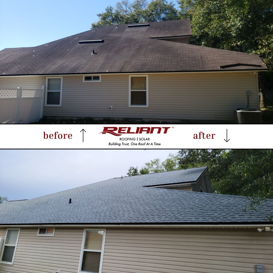 ReliantRoofing1's tweet photo. Behold the stunning before and after of a recent roof replacement that left our client overjoyed. Our team poured their expertise into this project, reviving this roof to its full glory. Ready to see your roof shine like never before? Reach out to us today! #fl #jax #duval https://t.co/w8qOuUFirh