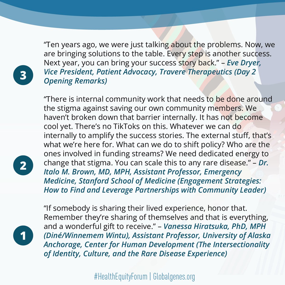GlobalGenes's tweet photo. We hope that you now have ideas to put Equity in Action. Here are the top 10 things that the Global Genes team learned during this year’s RARE Health Equity Forum! For more info on our Top 10: https://t.co/4aDBZnPQW2
#WeekinRARE #HealthEquityForum #HealthEquityinRARE #SanDiego https://t.co/vGkn8g10Dw
