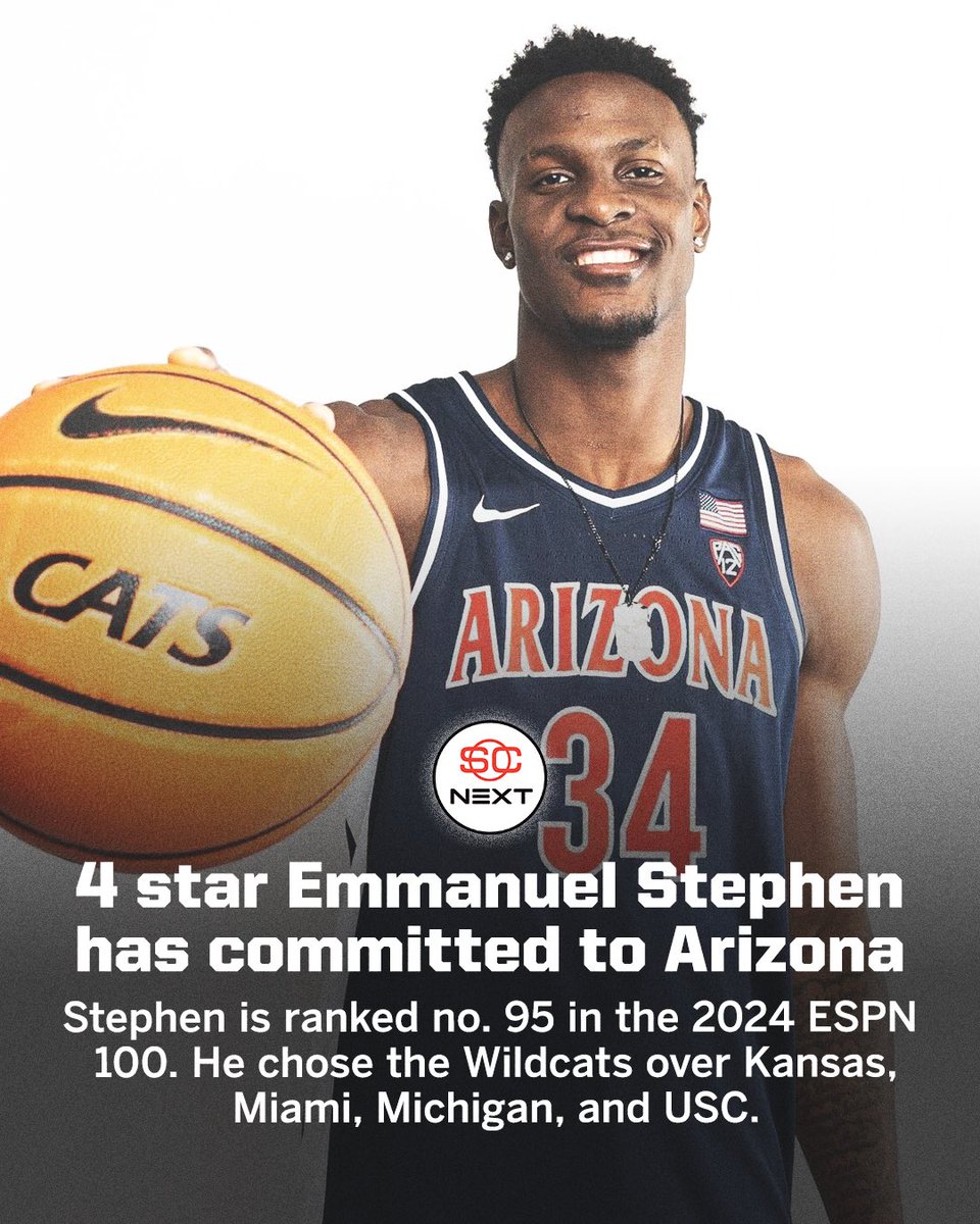 SCNext's tweet photo. 4⭐️ Emmanuel Stephen (no. 95 ESPN 💯) has committed to Arizona 🔴🔵 #BearDown

@EmmanulStephen | @ArizonaMBB https://t.co/RWhaQeQ4iy